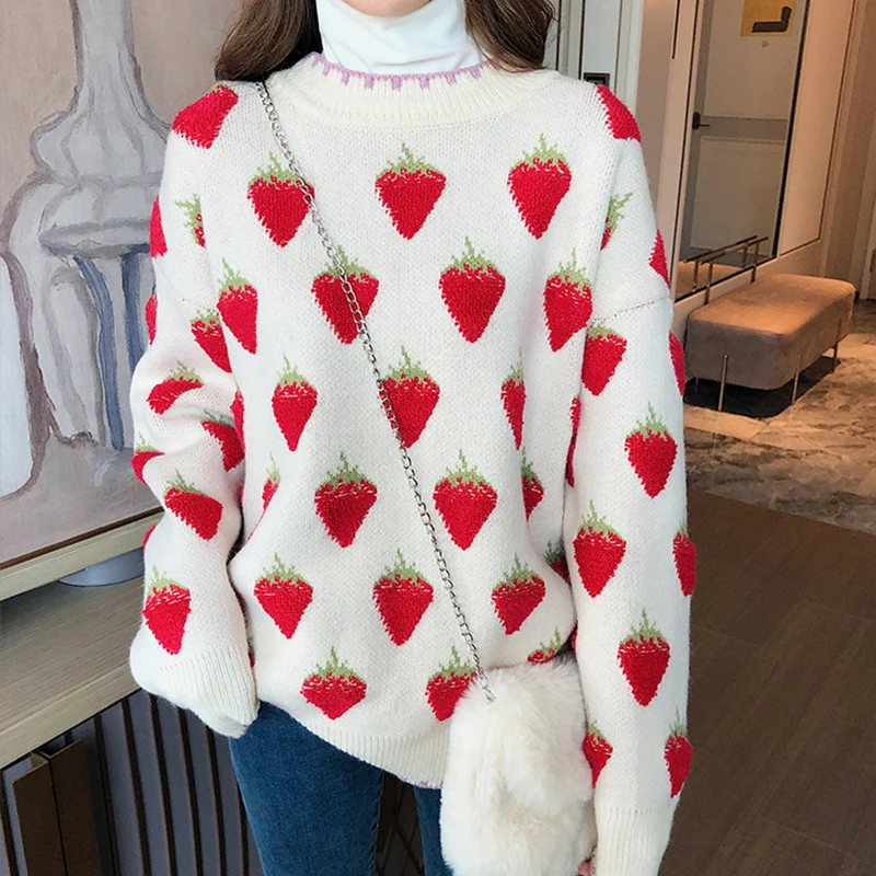 

Autumn Winter Korean New Long Sleeve O Neck Fruit Ladies Casual Pullover Loose Thick Sweaters for Female Women's Jumper Knitwear