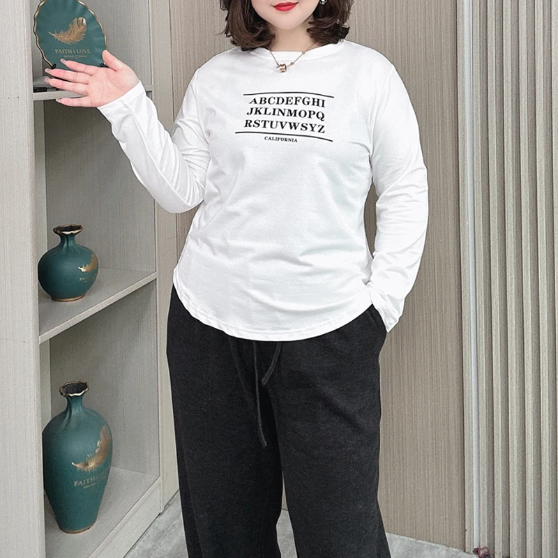 Autumn Plus Size Basic T-Shirt Women 2024 New Loose Fashion Simple Printed Letters Tees Casual Long Sleeve Tops 684