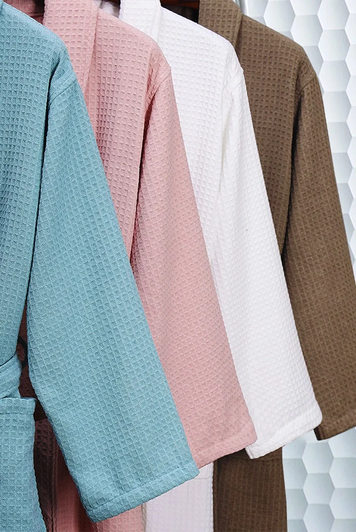 Solid Color Waffle Nightwear V Neck Sleep Lounge Robes Female Home Dressing Gown Kimono Robes Bathrobes Spa Sauna Garments