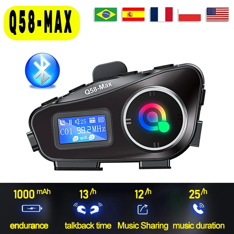 Q58-MAX 오토바이 헬멧 인터폰 블루투스 헤드셋 LED 조명 듀얼 500M IP65 Rateddeep 방수 스테레오 FM 라디..