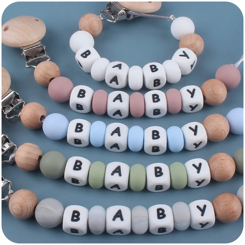 Pacifier clip Baby personalized name dummy holder Silicone teething beads