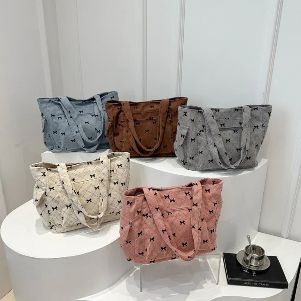 Corduroy Daily Handbag Fashionable Versatile Shoulder Bag for Women Multi-Compartment Zipper Closure Commute Women's Tote Bag