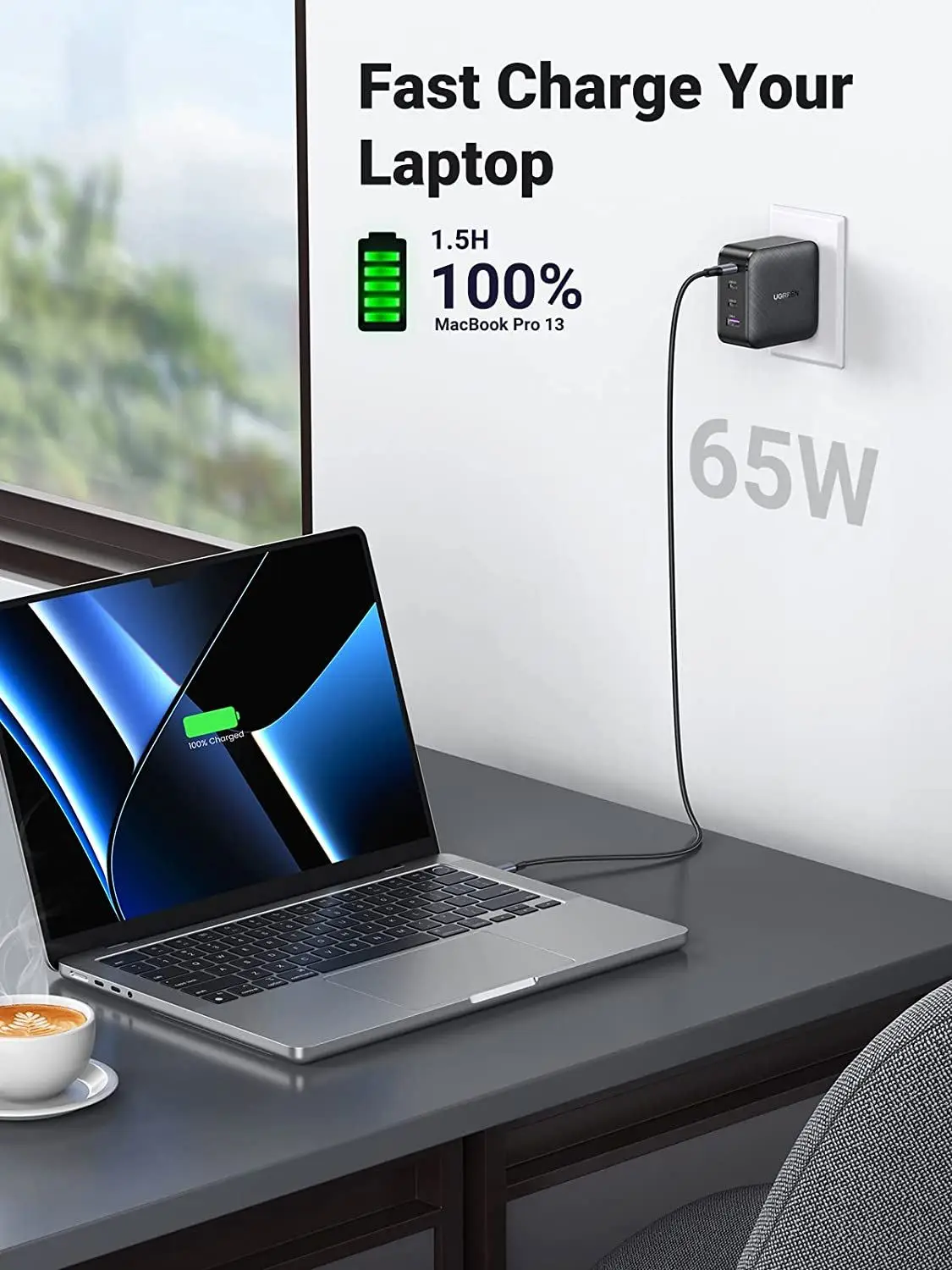 유그린 65W USB C 충전기 4포트 USB C 전원 어댑터 GaN PD 고속 벽면 충전기 3C1A 세트