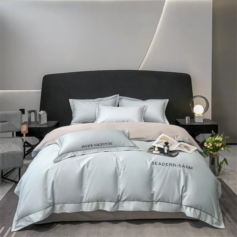 thumbnail image 1 of Nuevo Juego de cama Simple de algodón 100%, cómodo juego de funda nórdica Queen de lujo, juego de funda de edredón bordado de alta gama con sábanas, 1 of 5