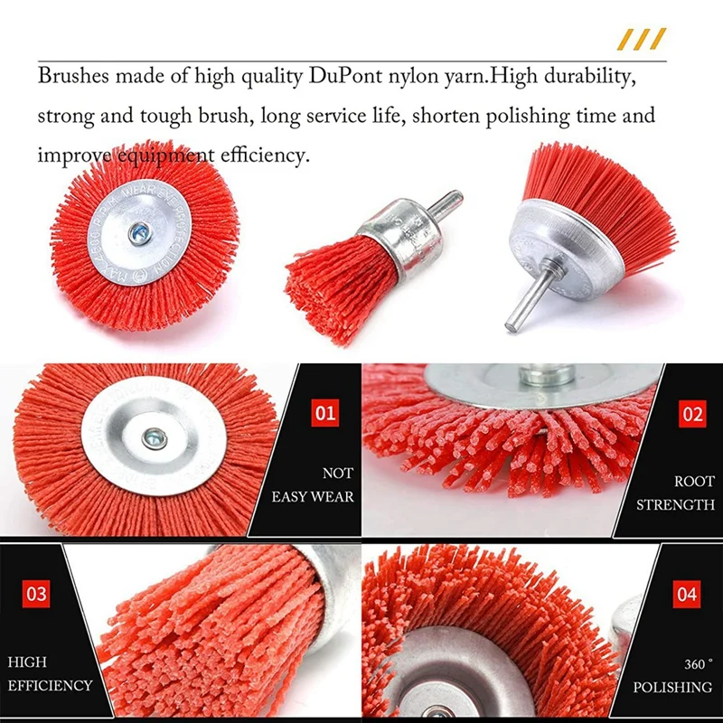 5 Pcs Nylon Filament Abrasive Wire Brush Wheel & Cup Brush Set With 1/4inch  Drill , Nylon Set , Red