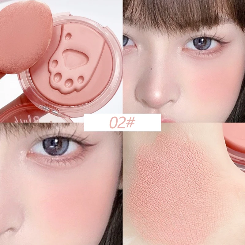 Blush Cream Facial Blusher Cream Blusher 3D Relief Cat Footprint Makeup Face Tint Cheek Contour Brightens Natural Matte Mousse Rouge Puff