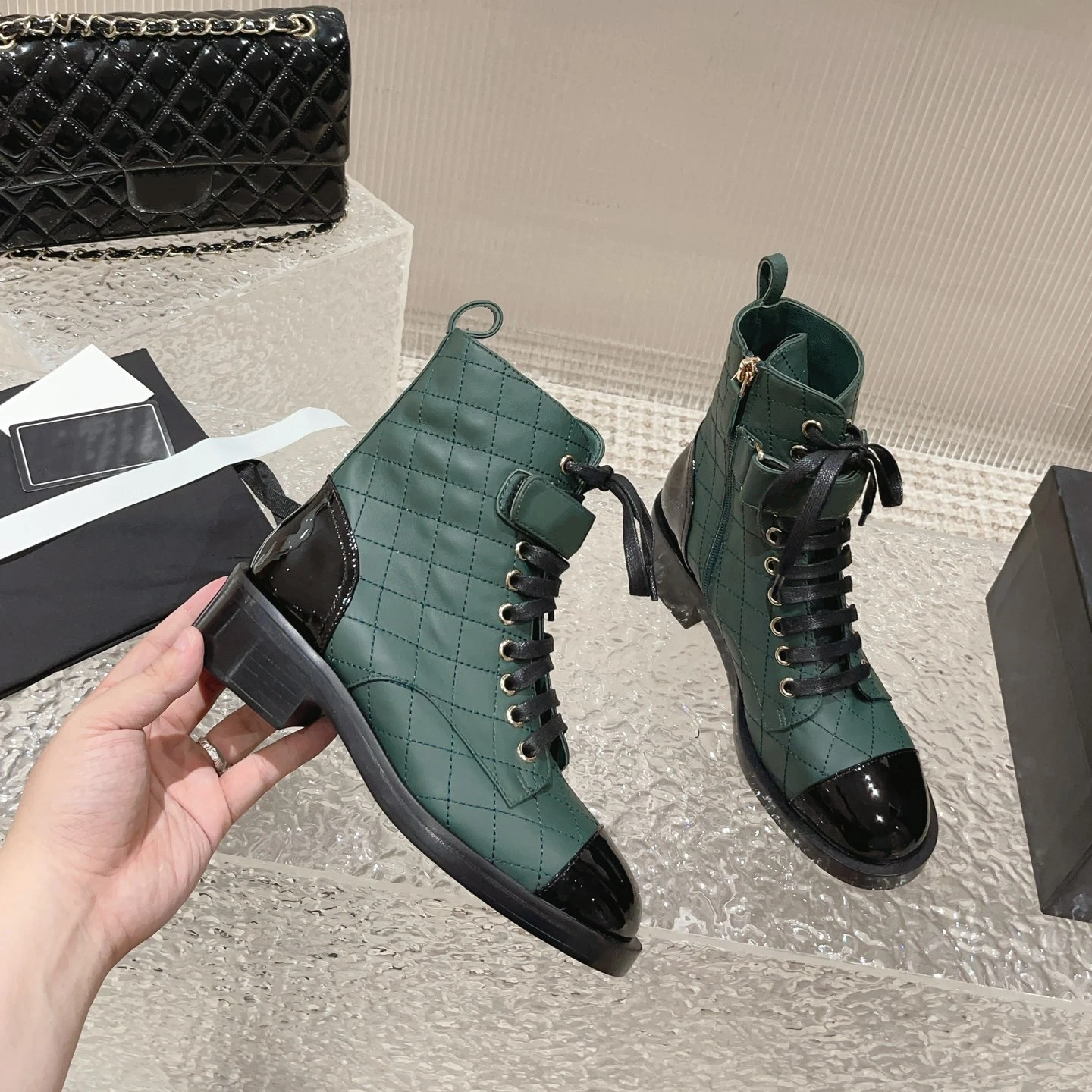 CHANEL Pre-Fall 2020 quilted leather lace-up boots 