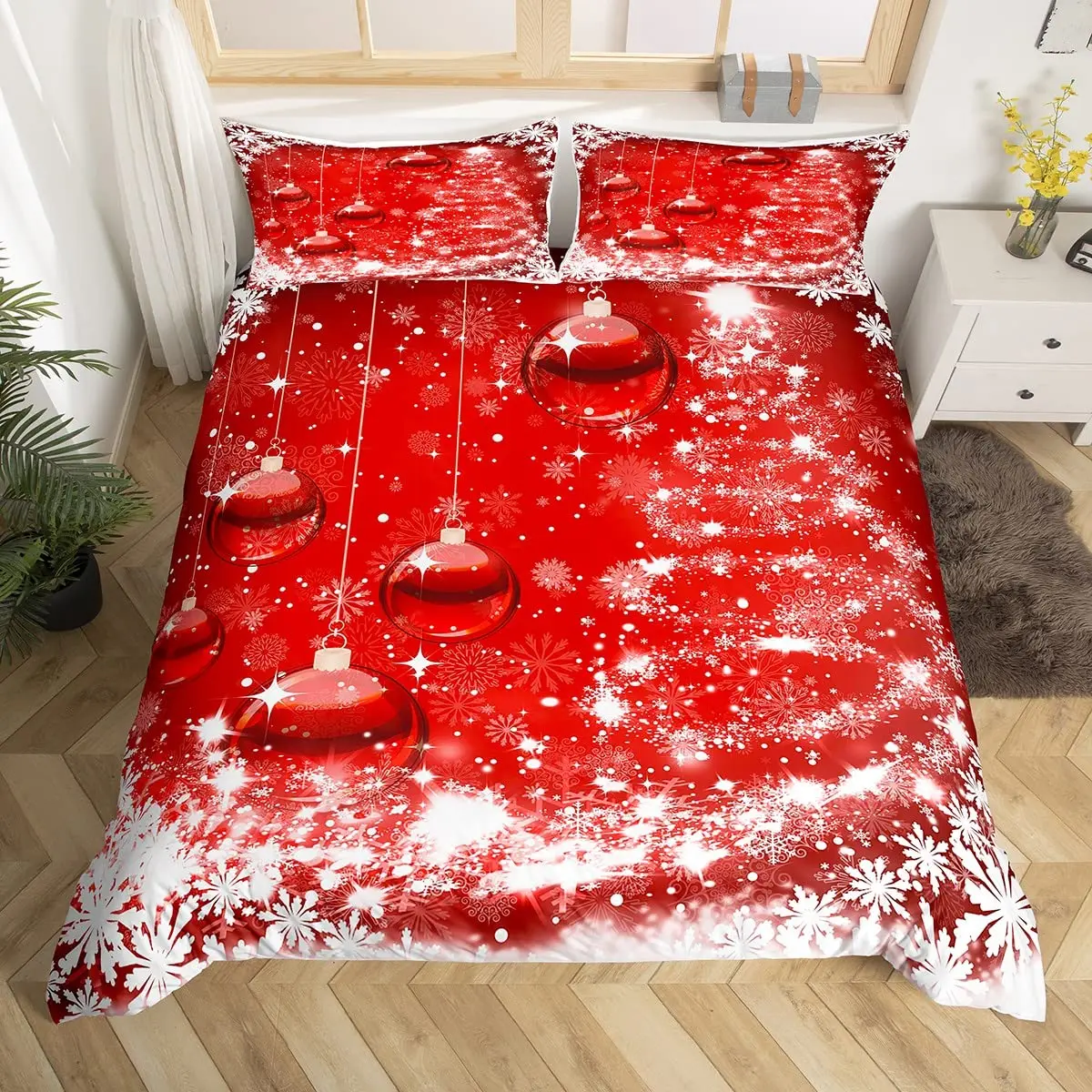 

Merry Christmas Duvet Cover Set,Red Xmas Bells Bedding Set 3pcs,Fantasy Snow Tree Comforter Cover New Year Festival Quilt Cover