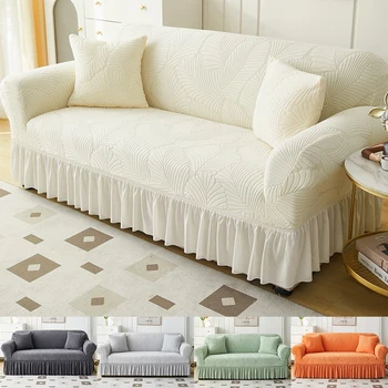 Copridivano da 1/2/3/4 posti con gonna Copridivano all-inclusive elastico jacquard con foglie di albero per soggiorno 1