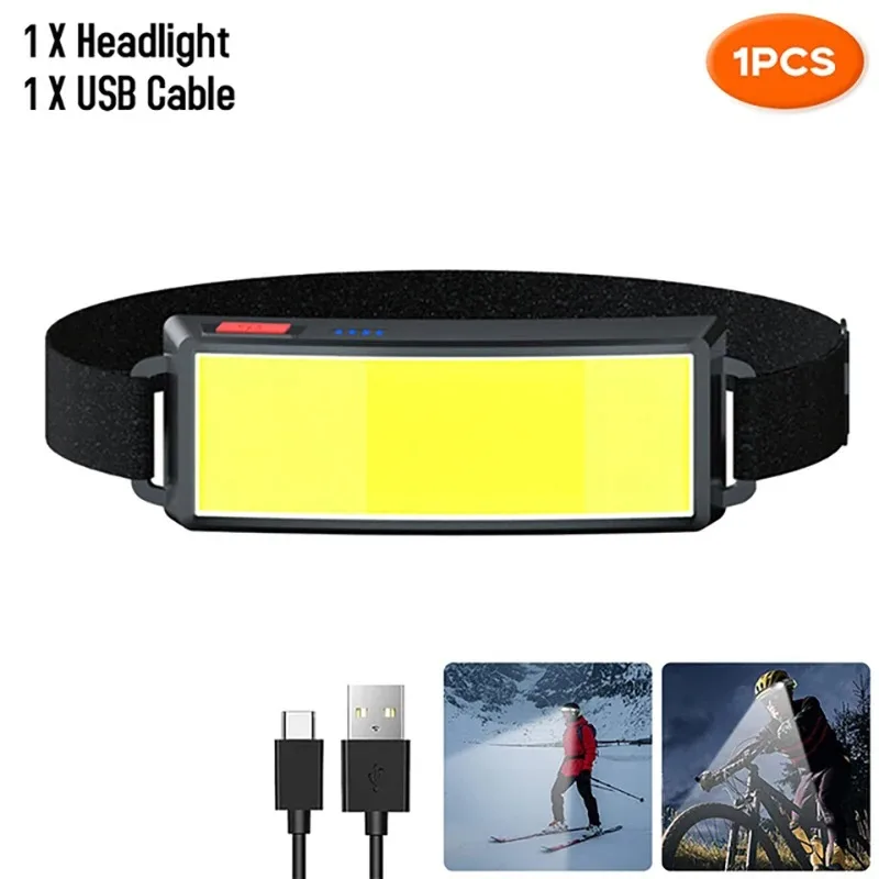 Poderoso cob led farol tipo-c recarregável cabeça lanterna bateria embutida ao ar livre pesca acampamento lanterna tocha à prova dwaterproof água
