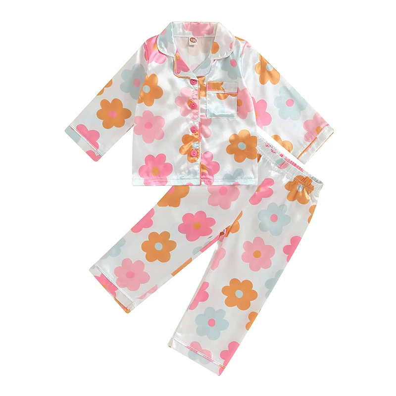 

1-6Y Kids Pajama Sets Baby Boys Grils Sleepwear Bear Printed Long Sleeve Lapel Tops Long Pants Children Button-On Nighwear Pjs