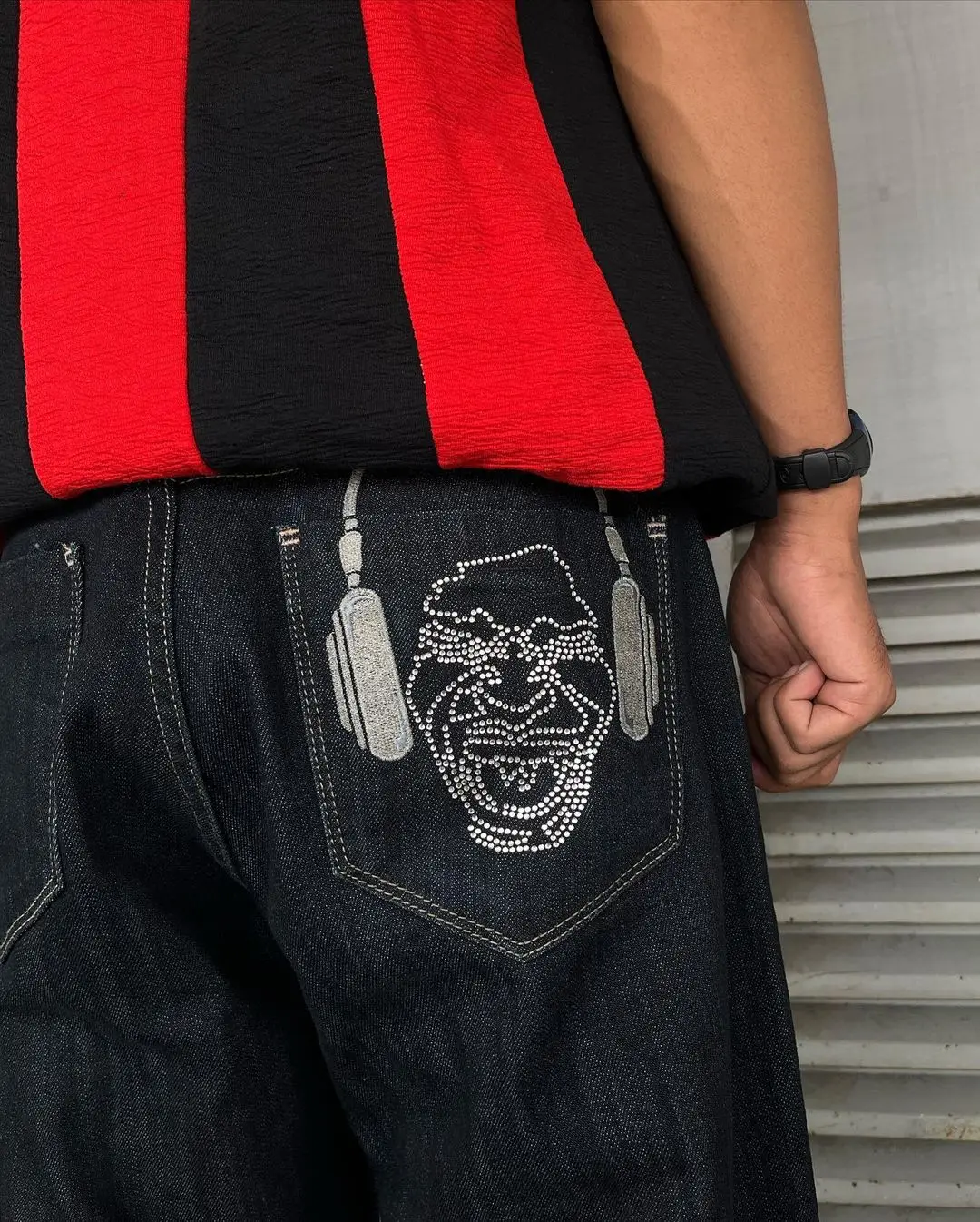 

Embroidered human head jeans JNCO washed jeans zipper splicing American high street fashion retro niche loose straight pants