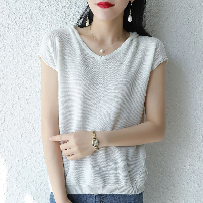 yellow sweater Spring and Autumn Women's Pure Cotton Knit Pullover Short Sleeve Cap Collar Loose and Soft Sweaters Sweaters
