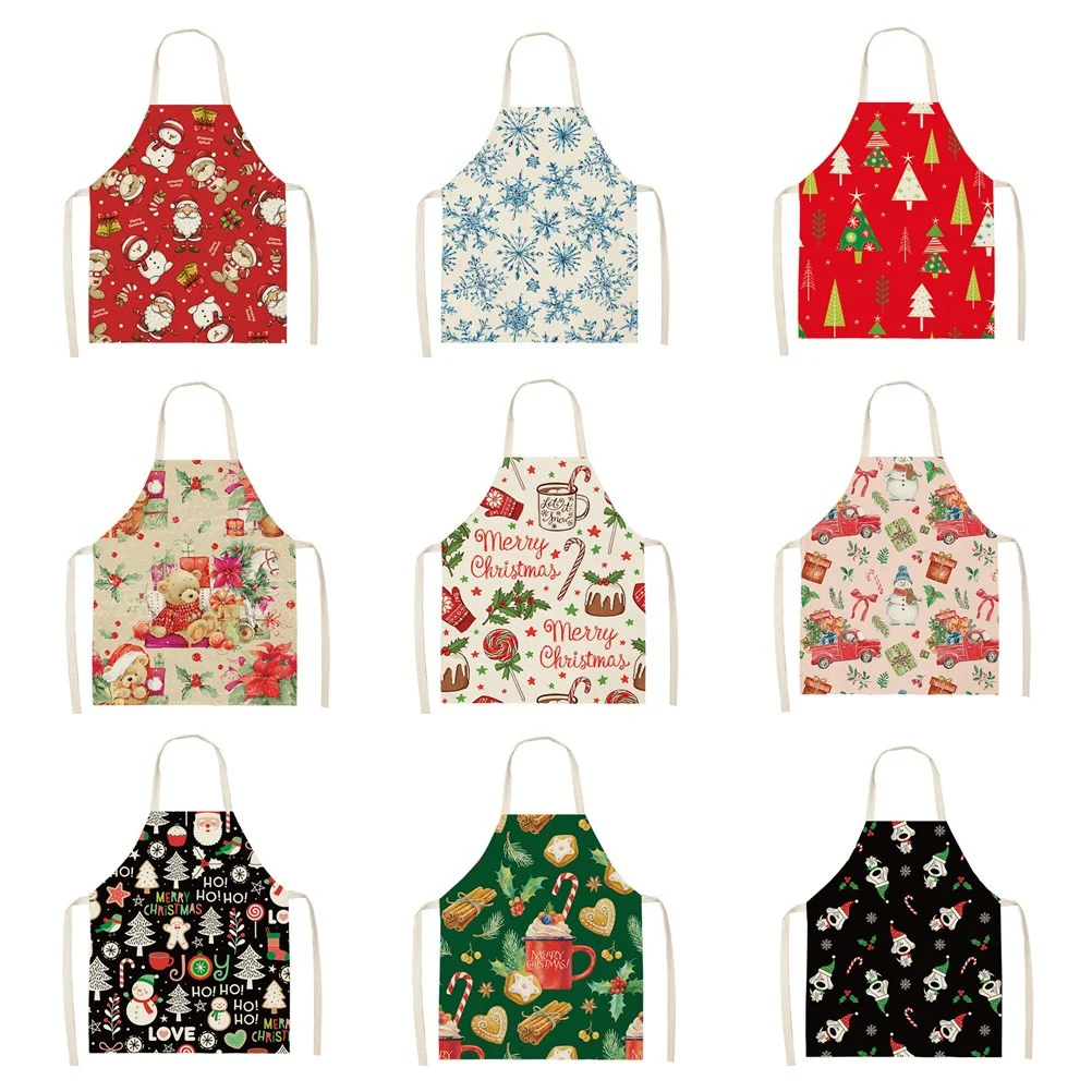 

Santa Claus Kitchen Women Apron Household Cleaning Merry Christmas Snowman Deer Linen Pinafore Salon Cooking Baking Adult Bib