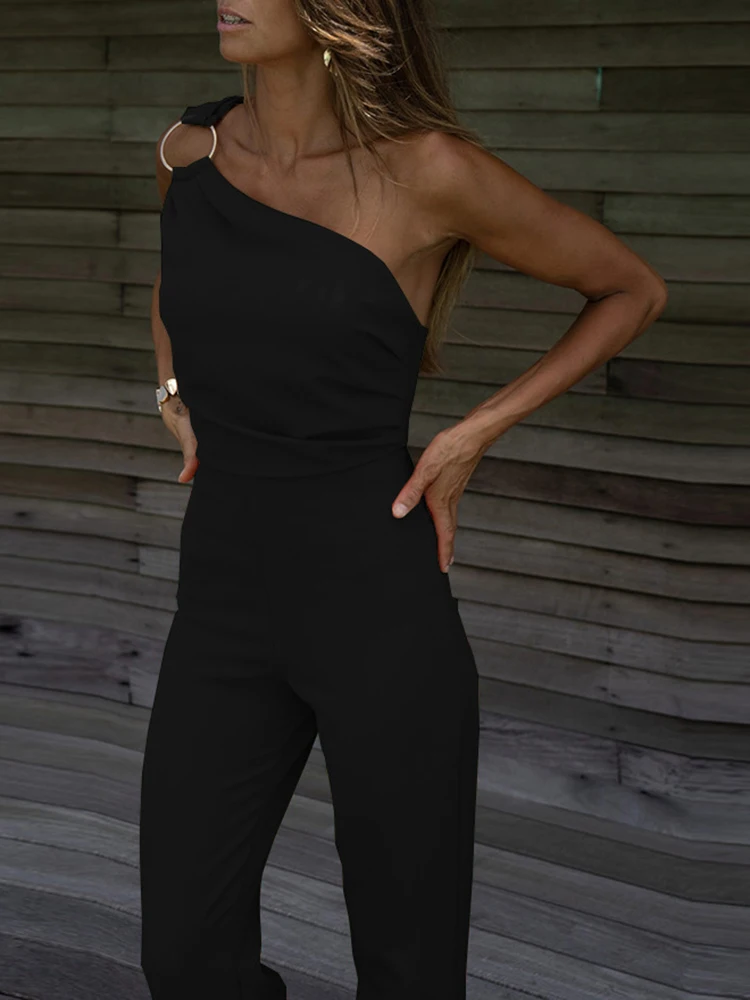 Sexy One Shoulder Backless Jumpsuit Women Summer Elegant Diagonal Collar Sleeveless Playsuits Fashion Solid Slim Ladies Rompers