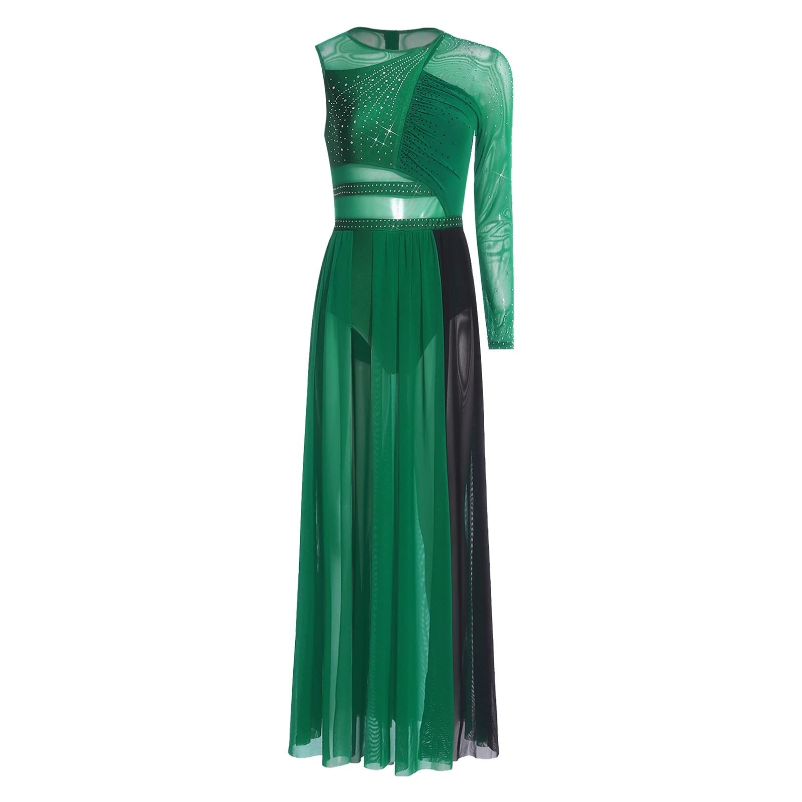 Frauen Gymnastik Ballett Lyrical Dance Kleid Glänzende Strasssteine Side Split Sheer Mesh Patchwork Moderne Zeitgenössische Tanzkostüm – Detail 11