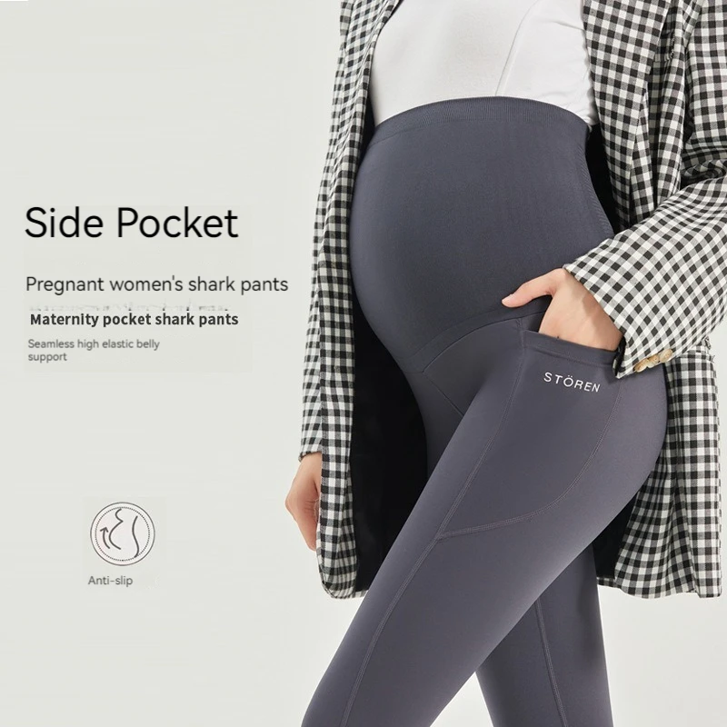 

Pregnant Women's Pockets Shark Skin Leggings Spring Autumn Slimming Exercise Yoga Pants Honeycomb Waist Protection Barbie Pants