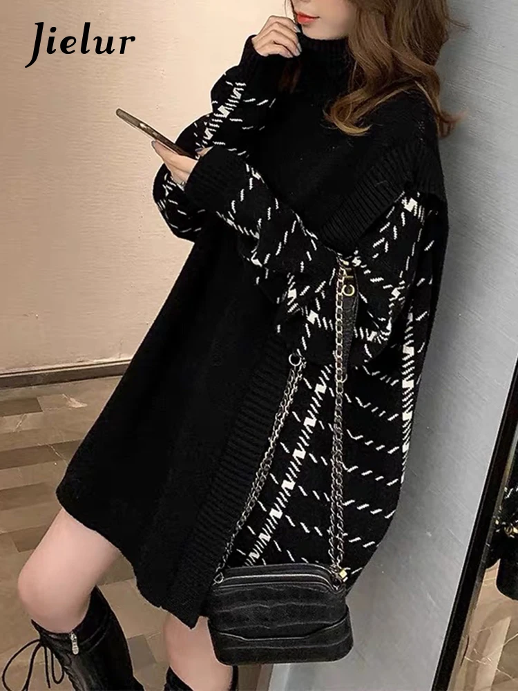 

Jielur Fashion Black Gray Women Sweater Autumn Winter New Turtleneck Stitching Fake Two Piece Dress Loose Pullover Knit Dresses