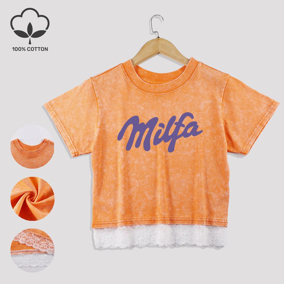 Milfa Letter Prints Cotton Washed T-Shirts All-Math Summer Lace Hem Crop Tops O-Neck Regular Fit Short Sleeve Casual Clothes
