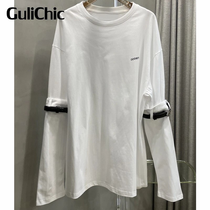 

9,20 г., GuliChic, Женская Повседневная футболка с длинным рукавом и ремнем, свободная Удобная хлопковая футболка