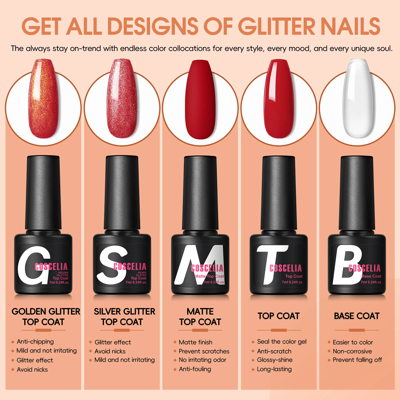 COSCELIA 20PCS Gel Nail Polish Set with 7ML Base Glossy Matte Gold Sliver Glitter Top Coat Long Lasting for Girls Nail Salon Art 6