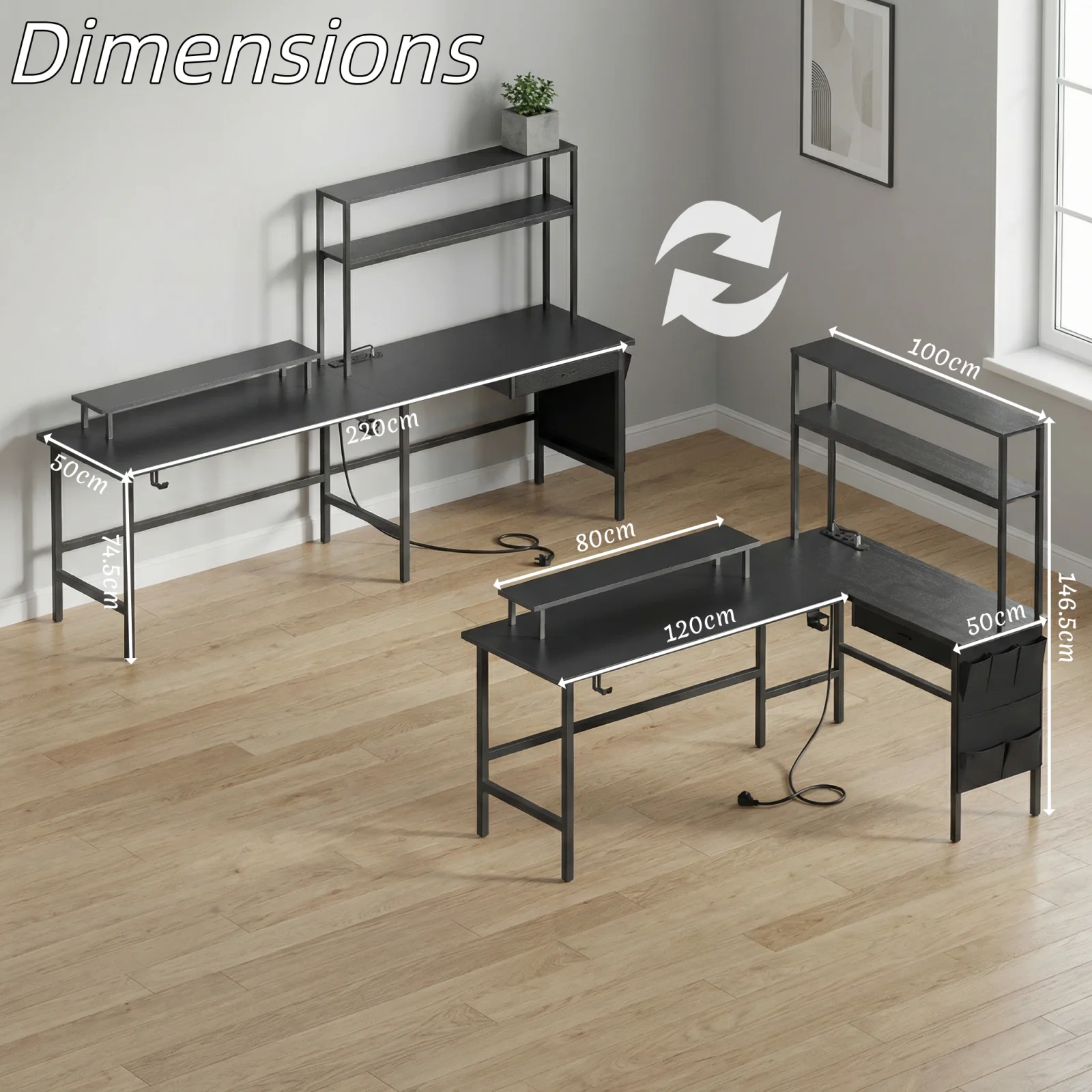 150/170cm L-förmiger Gaming-Schreibtisch, Umkehrbarer Computertisch mit Steckdose, Eck-Bürotisch mit Aufsatz und Monitorständer – Detail 4