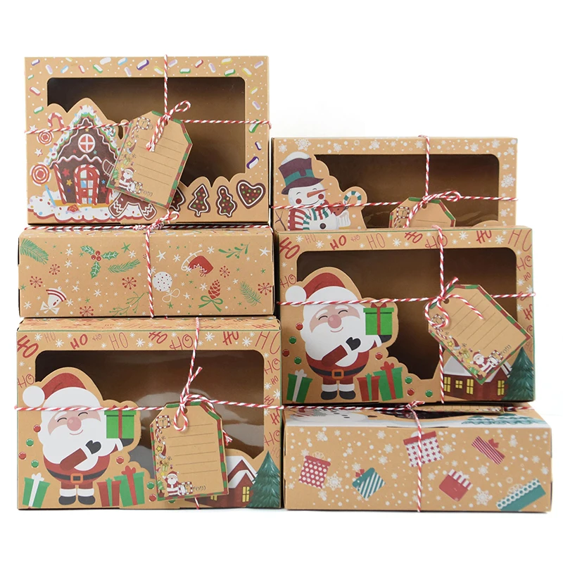 

9 шт., большая рождественская коробка для печенья и конфет, подарочные коробки из крафт-бумаги с прозрачным окошком, ярлык, аксессуары для конфет