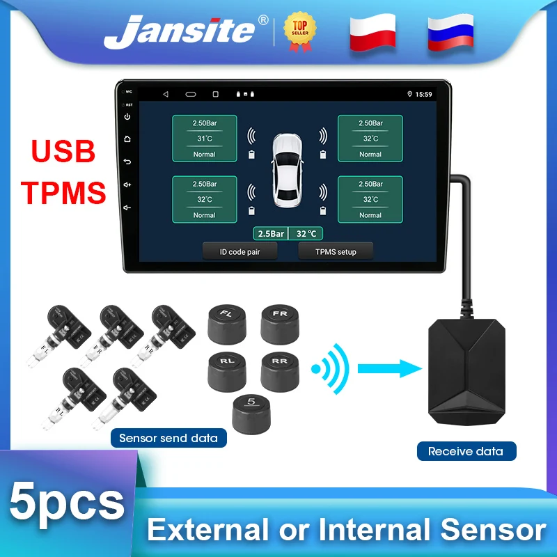 Modulo TPMS USB Con 4 Sensori Esterni Per Autoradio Android 8.1/9.0/10.0/11.0 – Monitoraggio Pressione E Temperatura Pneumatici, Batteria CR1632