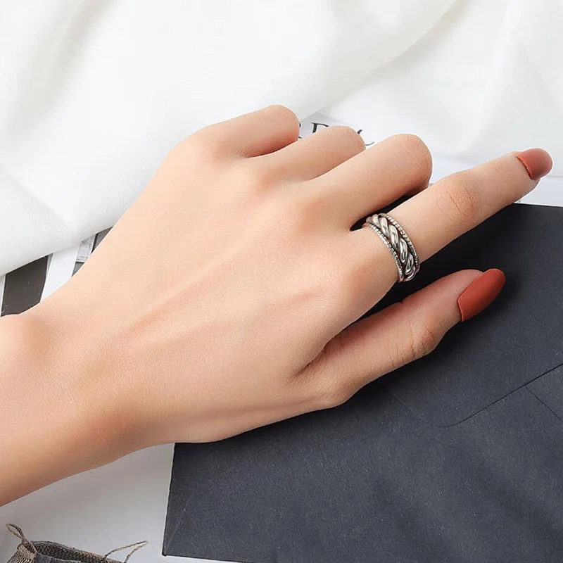 

925 Sterling Silver Jewelry Vintage Hollow Cross Twist Layered Rings for Women Girls Retro Party Finger Open Ring Anillos Anelli