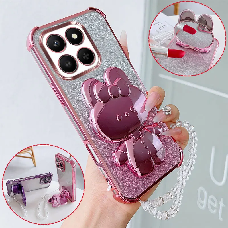 Luxury Shockproof Phone Case with Cute Rabbit Makeup Swivel Stand & Crystal Lanyard