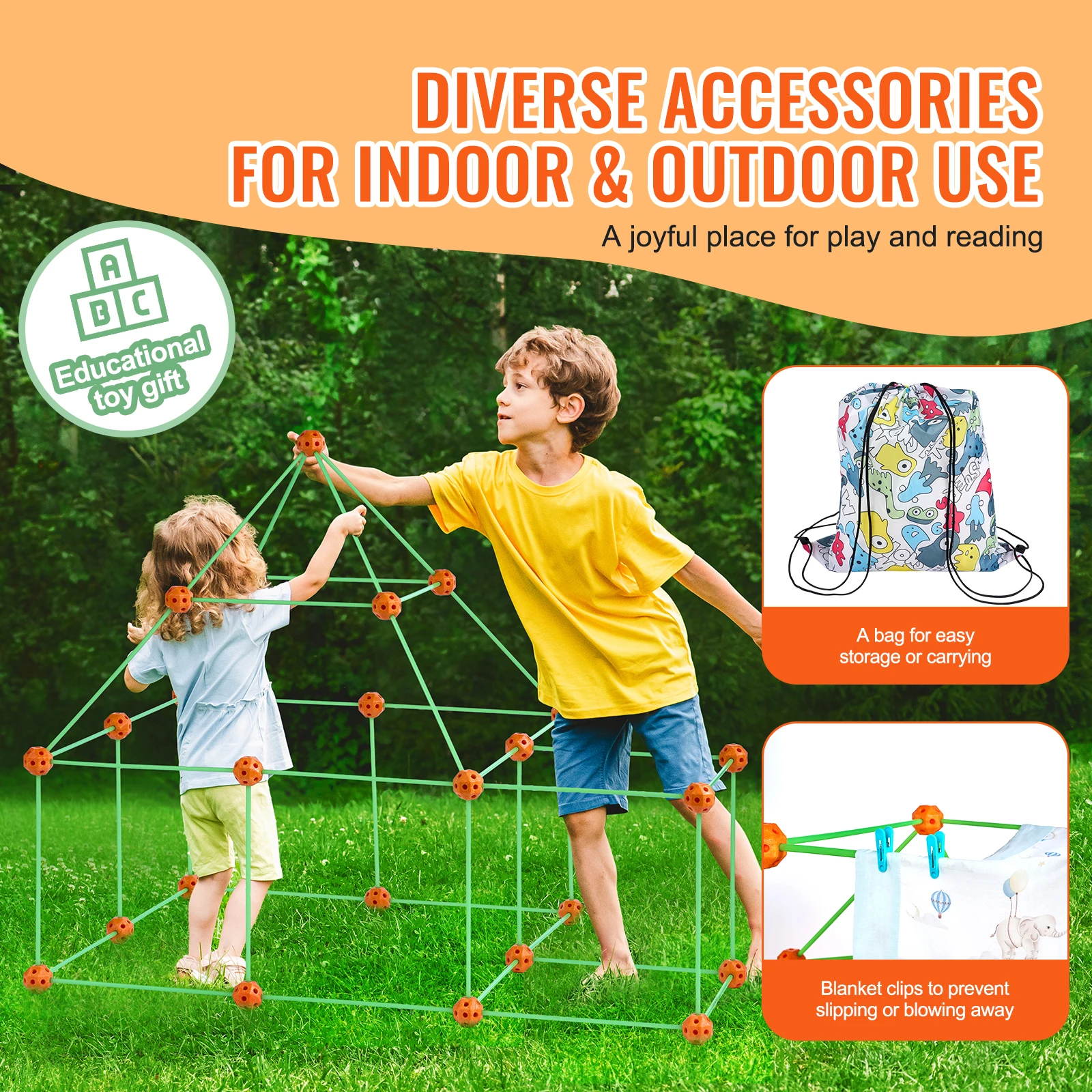 VEVOR Fort Building Kit Construction Castle Tunnels Toys with 55 Rods 30 Balls Indoor Play Tent for Educational Gift Blocks 6