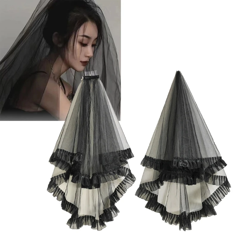 

Lace Pleated Trim Long Tulle Halloween Bride Veil with Fix Hair Comb for Marriage Wedding Celebration Party Accessories