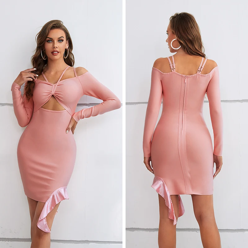 

Summer Women's Pink Sling Slim Bodysuit Dress Rayon Elegant Long Sleevess Design Skinny Frilled Edge Celebrity Party Dress