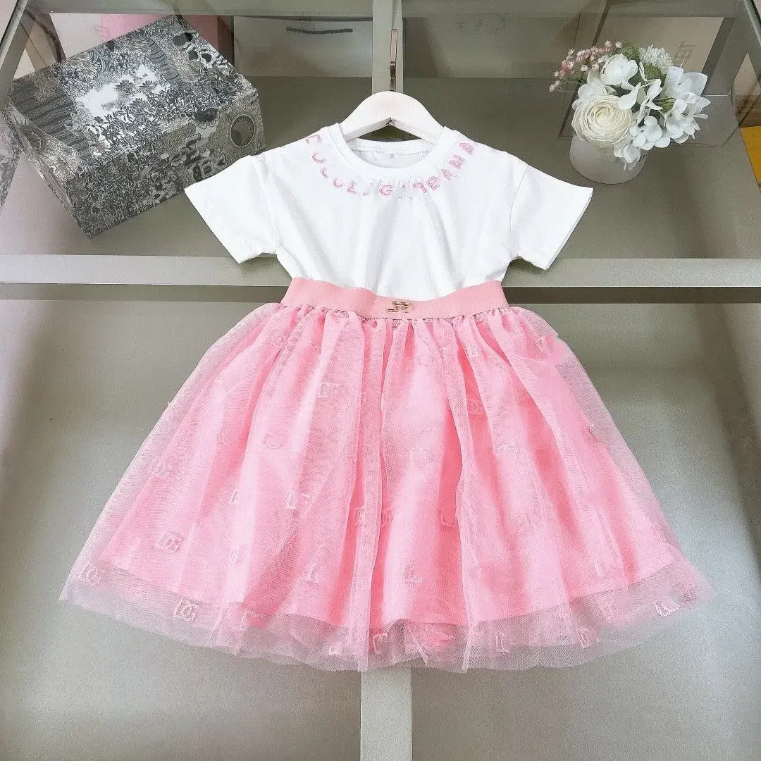 

Girls' Set 2024 New Children's Clothes Letters Embroidery Short Sleeve Top T Shirt + Pink Mesh Skirt Two-piece Set Summer Suits