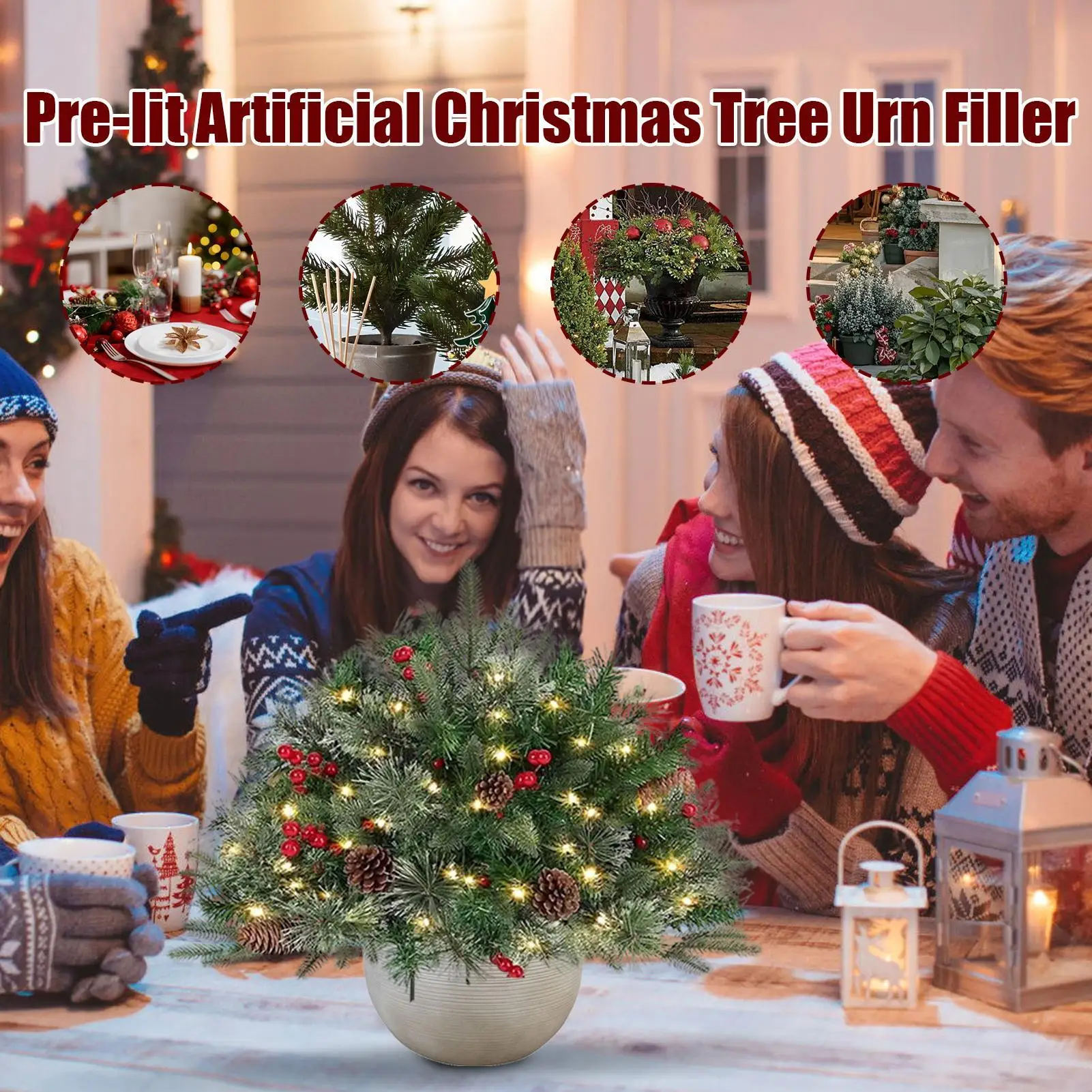 Christmas Urn Filler Prelit Filler Outdoor Christmas Tree Sparkling Light Branches Ornaments For Cemetery Winter Front Nativity