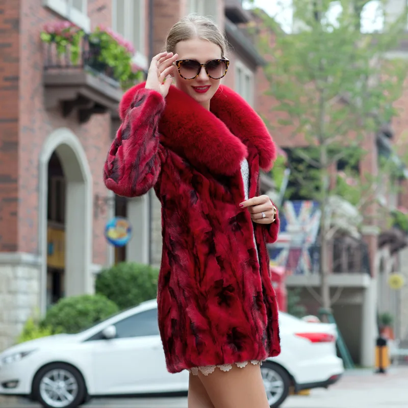 New Mink Fur Grass Coat for Women's Mink Skin Mid Length Fox Fur Collar Fur Warm Coat
