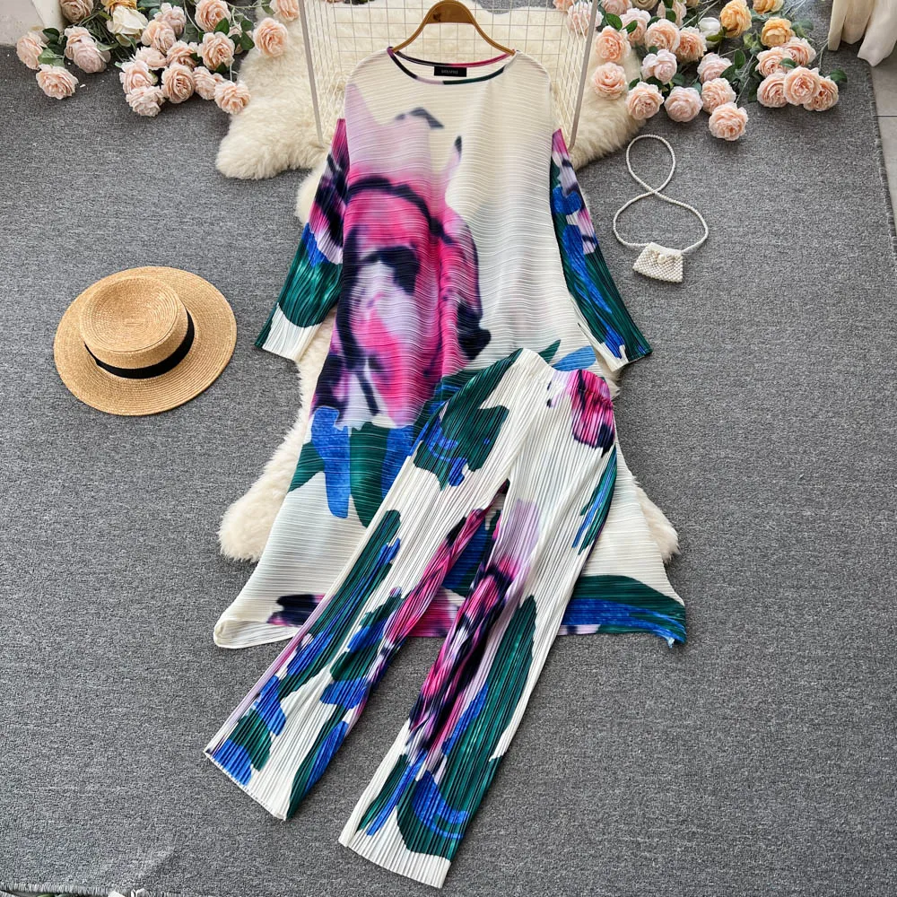 

Autumn Ethnic Style Lazy Style Printed Trousers Dress Loose Wide-leg Casual Long Pants Two-piece Suit Women