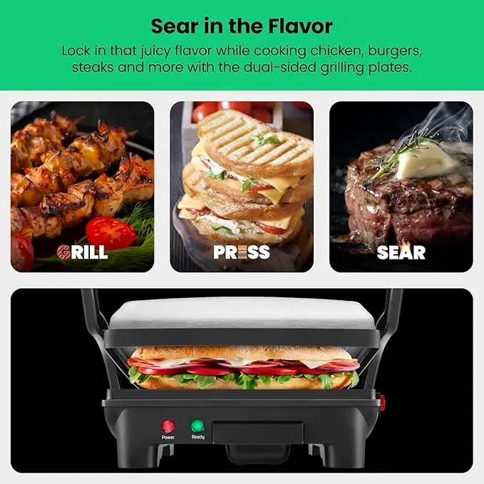 Panini Press Grill and Gourmet Sandwich Maker Non-Stick Coated Plates, Opens 180 Degrees to Fit Any Type or Size 4