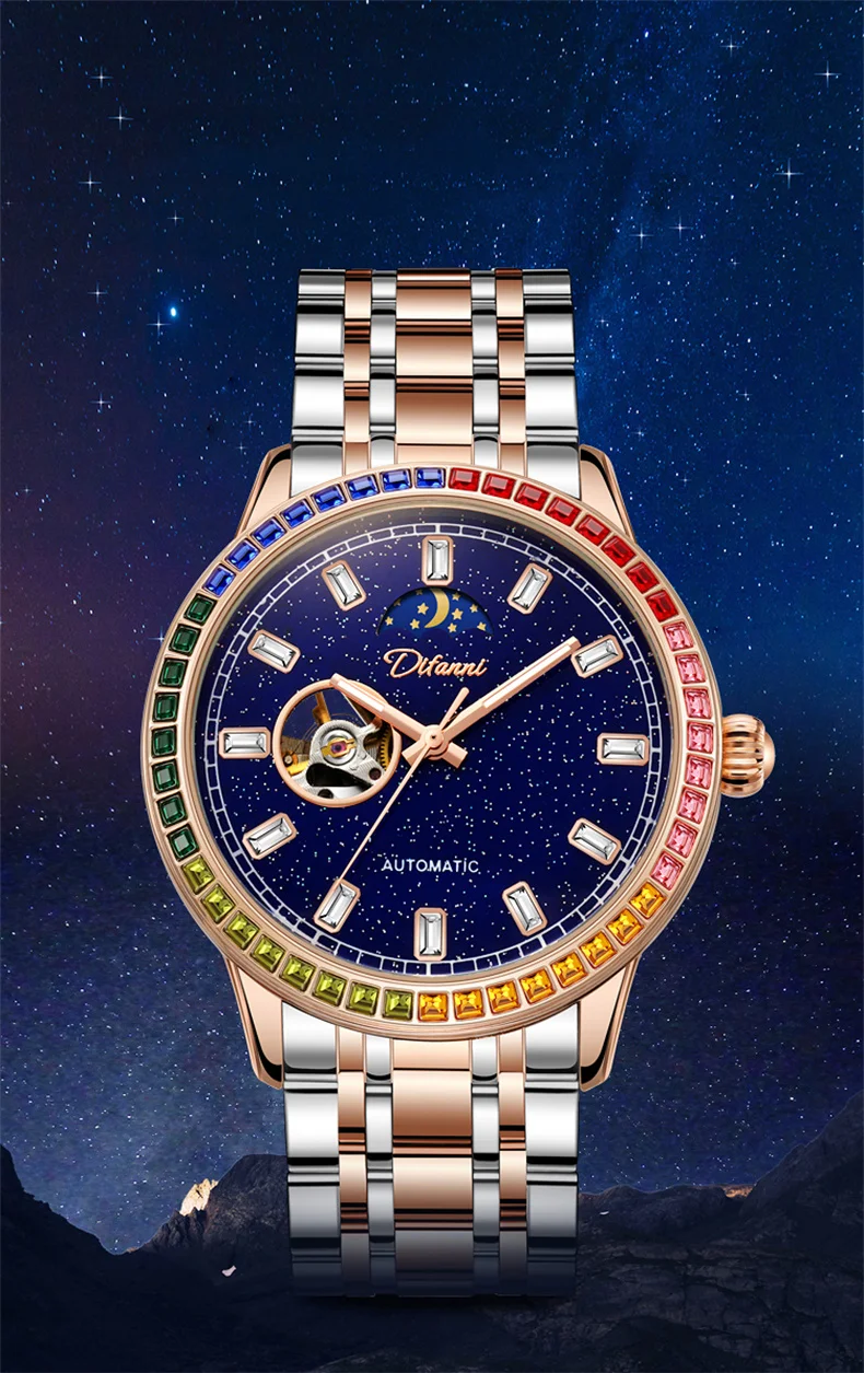 Skeleton Automatische Tourbillon Mechanische Herrenuhr 3Bar Wasserdicht Leuchtende Sonne Mond Sterne Neue Luxusuhr Reloj Hombre_voghion.com