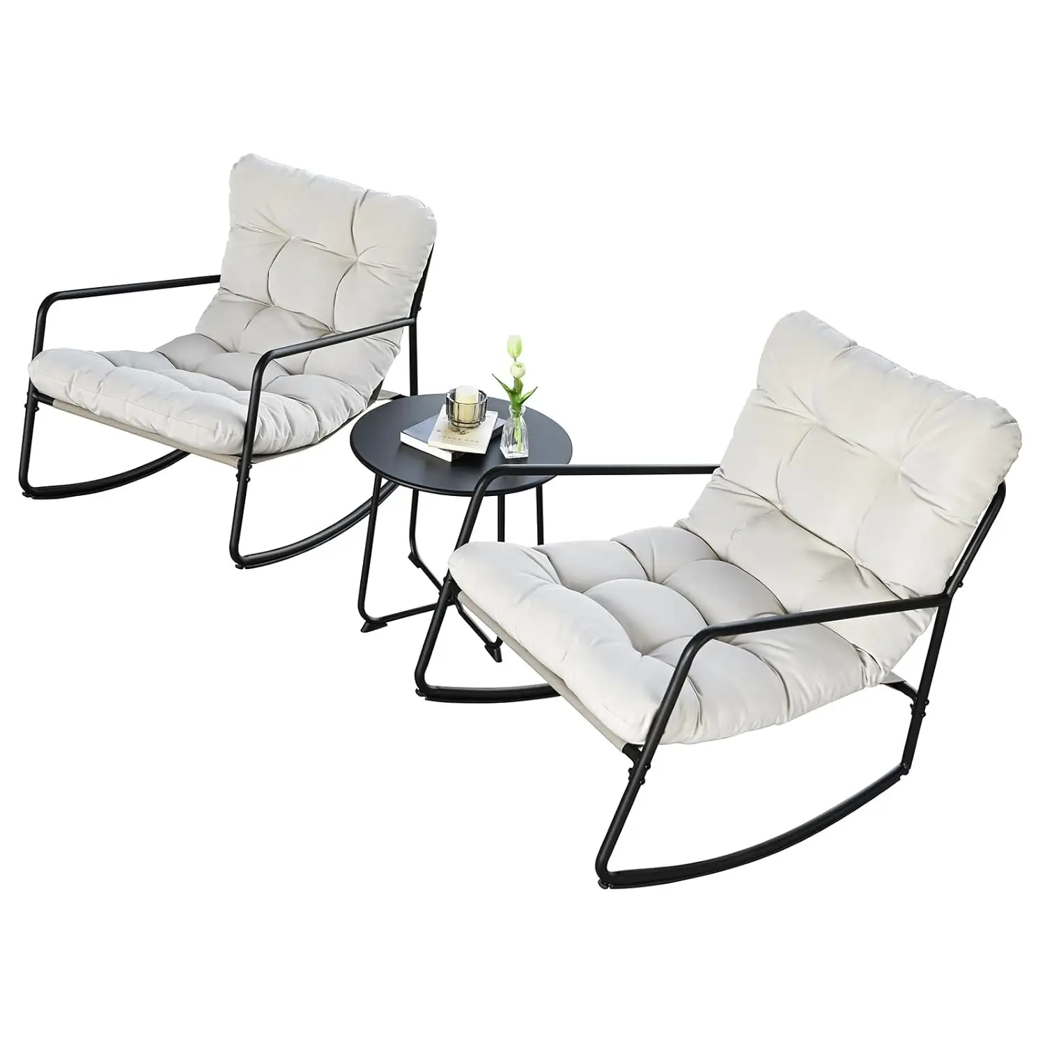 3 Piece Metal Patio Conversation Set Rocking Chairs Side Table Cushions Apartment Porch Balcony Poolside, Customized