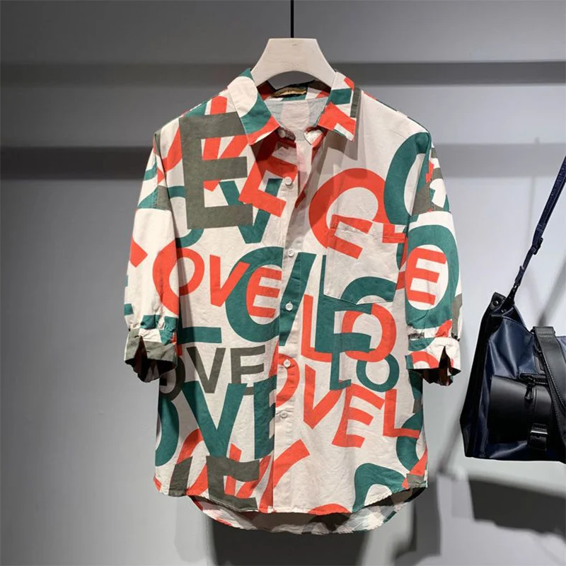 

Summer Loose Casual Polo-neck Letter Printed Blouse Hombre Short Sleeve Harajuku Y2K Fashion All-match Top Men Streetwear Shirt