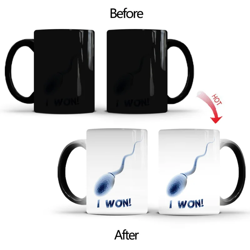 

2022 Newest I Won Sperm Color Changing Mug Ceramic Heat Discoloration Tadpole Coffee Cup Thermochromic Office Water Glass Teacup