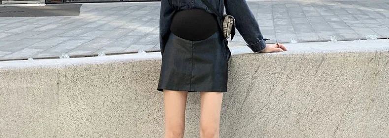 Vintage Pu Miniröcke für Mutterschaft Herbst Winter Mode heiße elastische Taille eine Linie Kleidung für schwangere Frauen Schwangerschaft Jugend – Detail 29