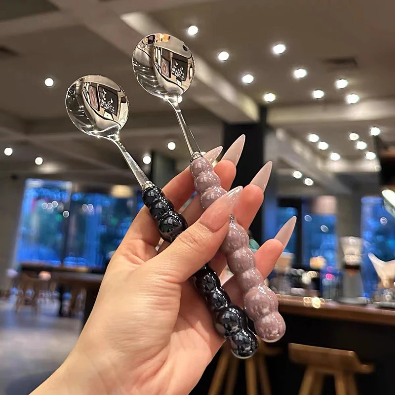 Pearl Handle Spoon 1PCS Stainless Steel Stirring Spoons Party Cutlery Gadgets Ice Cream Cake Dessert Spoon Bar Kitchen Access stainless steel spoon