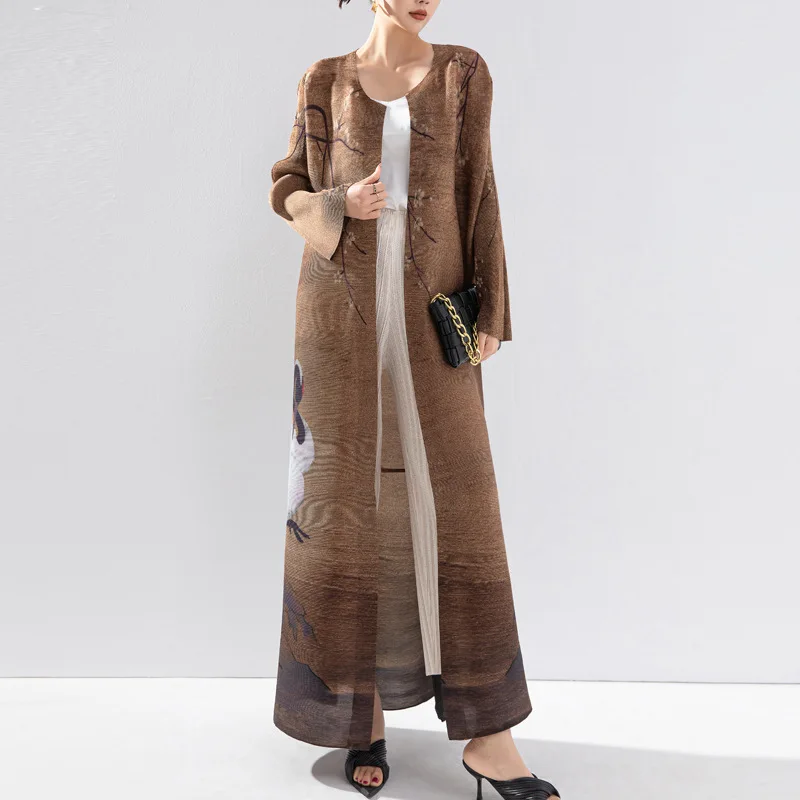 Miyake Pleated Vintage Swan Printed Long Sleeve Coat Women 2023 New Autumn Winter Original Designer Cardigan Plus Size Robe