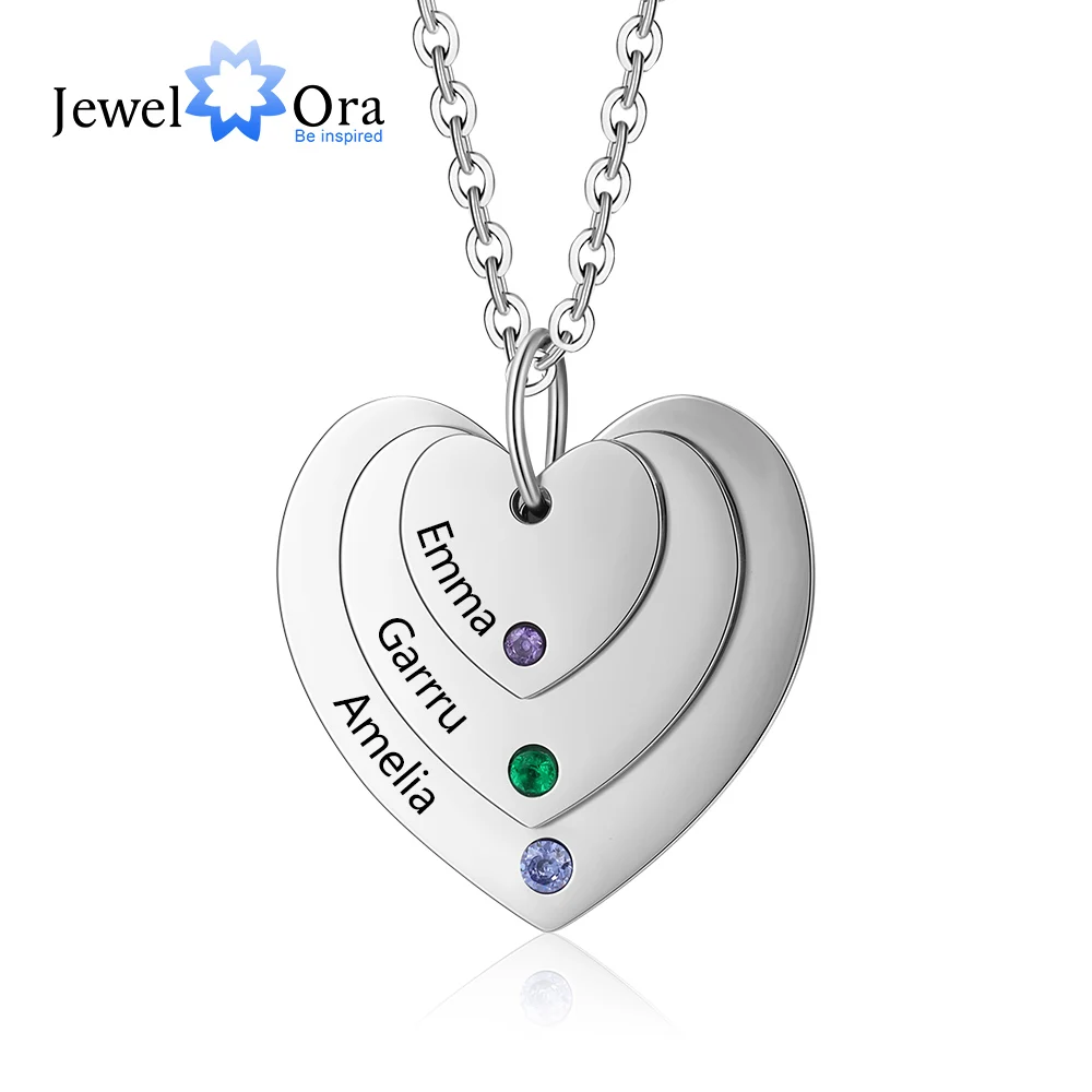 

Personalized Multi Heart Necklace with 2-3 Birthstones Custom Engraving Name Pendants for Women Birthday Gift for Mother Wife