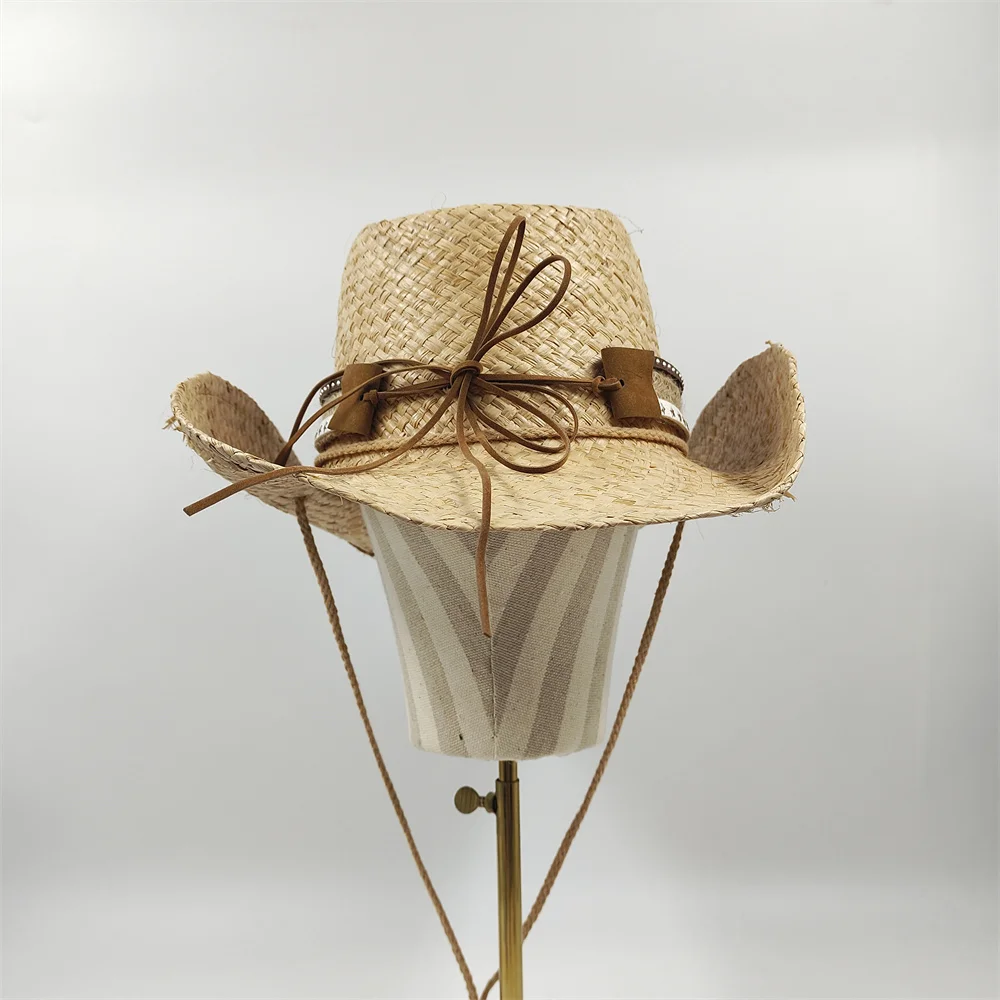 2023 New Wide brimmed Cowboy Hat Lafite Grass Hat Seaside Sunshade