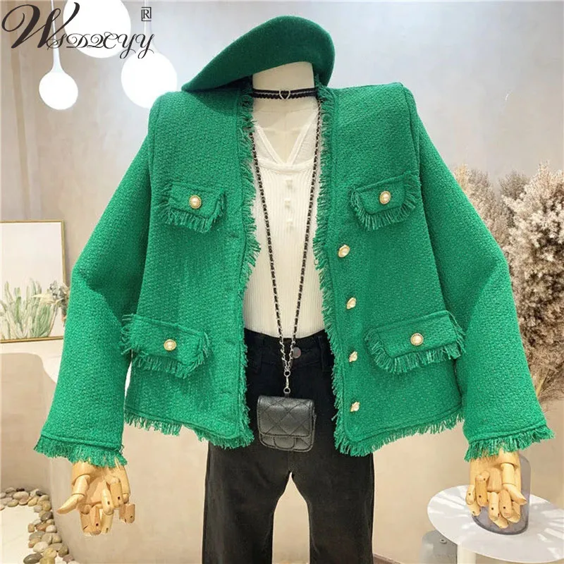 

Tassel Tweed Jacket Women Vintage Long Sleeve Korean Coat Temperament Ladies V-Neck Design Cropped Jacket Chic Autumn Outwear
