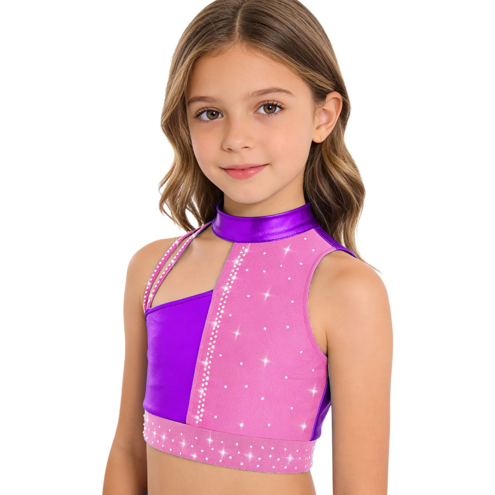 Kinder Mädchen Gymnastik Tanz Tops Praxis Performance Kostüm Stehkragen Ärmellos Ausschnitt Glänzende Strasssteine Metallic Crop Top – Detail 7
