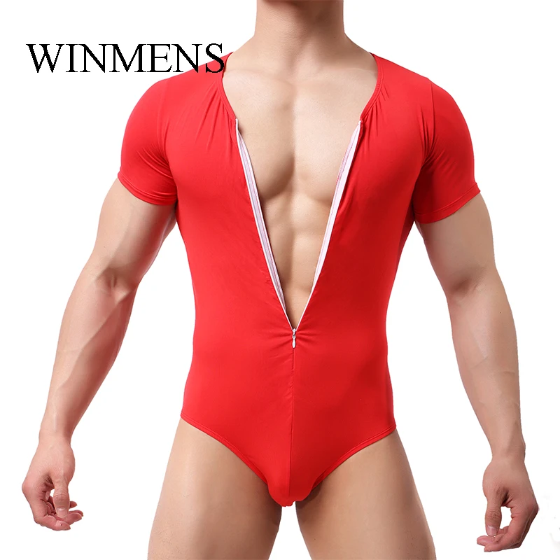 Adult Men's V-neck Modal Jumpsuit Solid Short Sleeve Zipper Bodysuit Male One Piece Close-fitting Pajamas Home Lounge Wear